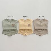 全3色[80-130cm] 韓国風キッズ薄手上下セット くま柄ボーダー袖なしトップス＆ショートパンツ 男女兼用