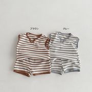 全2色[80-130cm] 韓国風キッズボーダー柄上下セット タンクトップ＆ショートパンツ 子供セットアップ