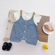 FLM☆2025 ベビー服 夏用 偽レイヤード風チェック柄ロンパース 男の子半袖カバーオール