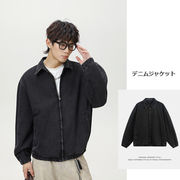 メンズ 秋新作 デニムジャケット ヴィンテージウォッシュ 襟元プリントデザイン カジュアルアウター★