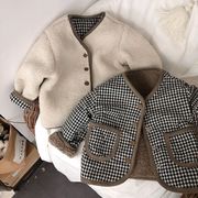 全2色[80-130cm] 秋冬用 キッズ リバーシブルジャケット 裏起毛 厚手 チェック柄 おしゃれ男女兼用アウター