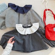 SHENJ☆2025春新作 韓国風女の子折り襟チェック柄ランタンスリーブ長袖シャツ