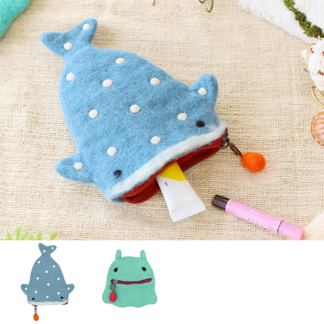 ネパールフェルト フェイスポーチ ジンベエ＆メンダコ[羊毛ウール財布小銭入れマリン25AW]