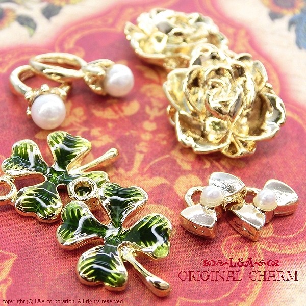 ▼売り切りセールあり▼2個価格★L&A★パールリボン＆ローズ＆クローバー＆リング＆ハートチャーム★