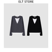 プレミアム品質　Vネック＆フード付き　ツインセット風　100％ウールニット