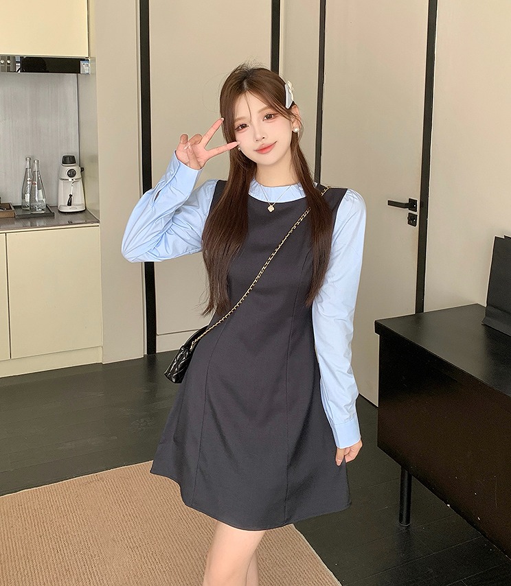 韓国風レトロ学院風 セパレート風パッチワーク デザイン性ロングワンピース大きいサイズ レディ-ス