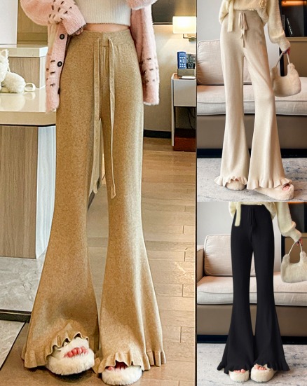 全3色 ワイド バギーパンツ ハイウエスト フリル スリム 着痩せ シンプル