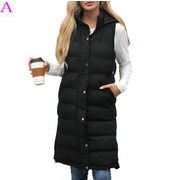 秋冬新作アウター レディース フード付きノースリーブベスト ロング丈 無地 ジップアップ 防寒アウター