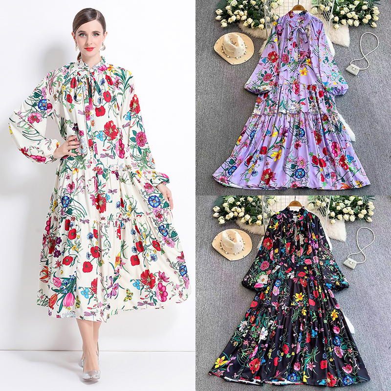 オシャレ宮廷風ゆったりプリントワンピースレディース