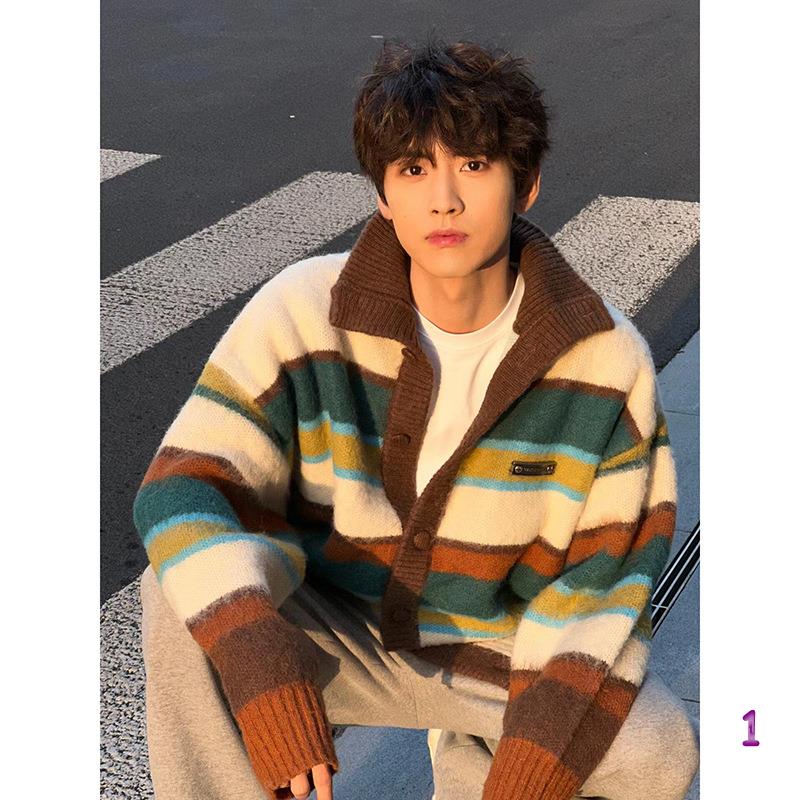 男性用ストライプニットカーディガン ルーズだらけた感じ 開ける