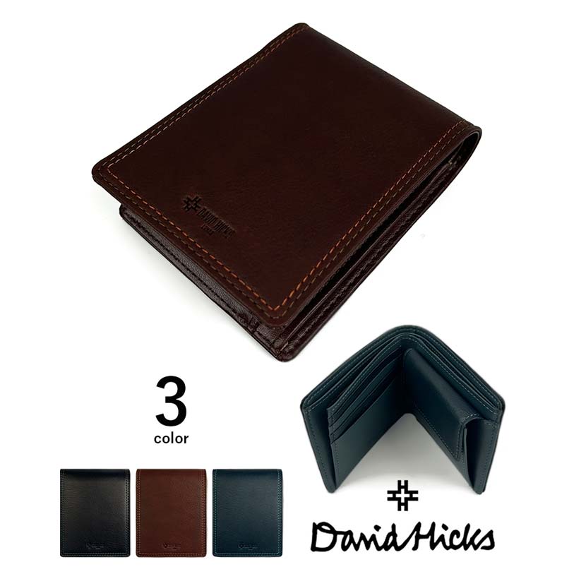 【全3色】DAVID HICKS(デービッド ヒックス)カラーステッチ リアルレザー 二つ折り財布 本革