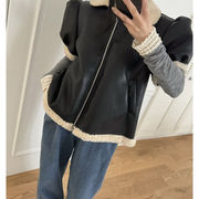 レザージャケット レディース PUレザー 裏ボア フェイクムートン パフスリーブ 防寒 アウター 暖かい