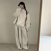今季マストバイ 韓国風   ストライプ  ジップアップ  アウター+ワイドレッグパンツ