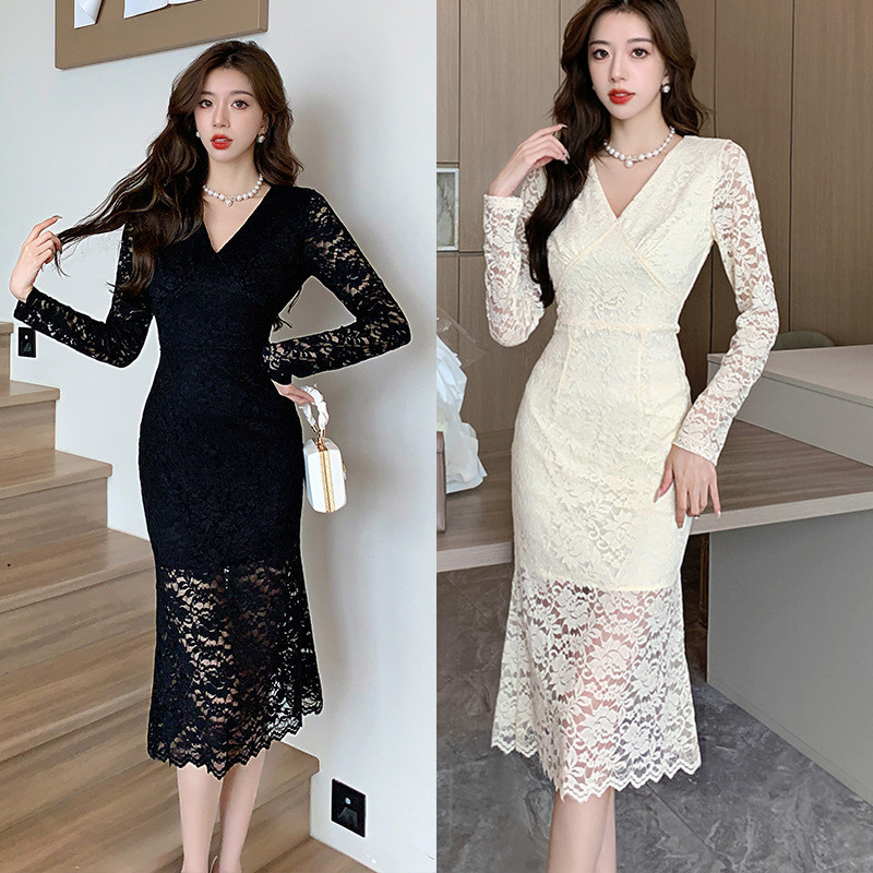 パーティードレス 黒 アイボリー 結婚式 フォーマル 大きいサイズ レース ワンピース 袖あり 花柄刺繍 春