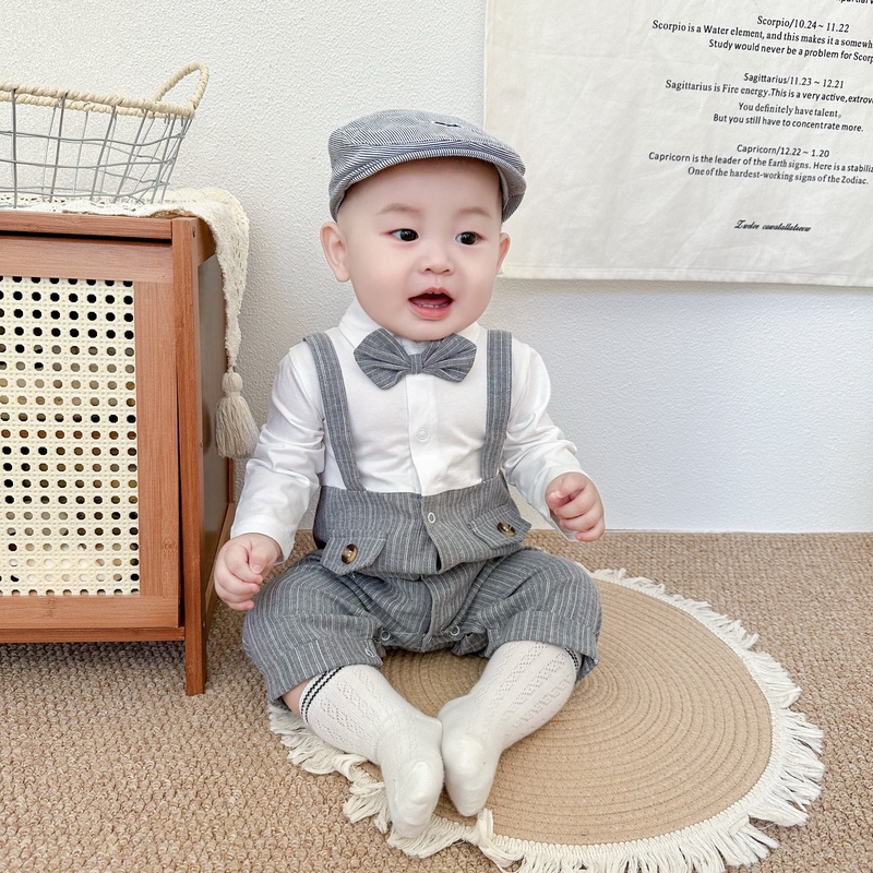 2025秋冬※綿100 ロンパース ツートングレー ジェントル風 長袖 記念日 フォーマル 男の子