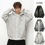 メンズ ストライプ ジップアップパーカー 春 刺繍入り ショート丈 ワイド カジュアル アウター★全3色