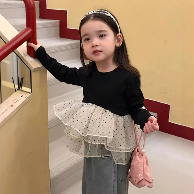 2026春※セットアップ チュールドットトップス＋デニムパンツ 女の子