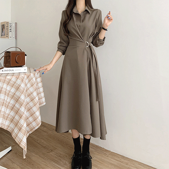 長袖 ワンピース 春新作ワンピース フレアワンピース シャツワンピース ブラック ハイウエスト ゆったり