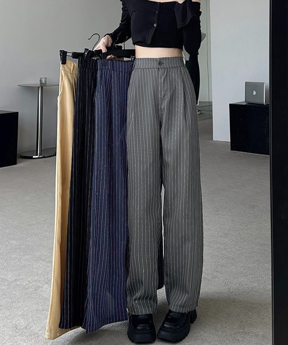 【日本倉庫即納】 ストライプワイドパンツ春夏秋ロングパンツ