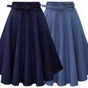 ハイウエストのミディ丈デニムスカート、スリムなAラインV00114