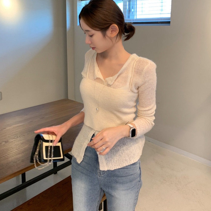 今季マストバイ   気質   韓国風   クルーネック  釦付き  ニット＋キャミソール  2 点セット