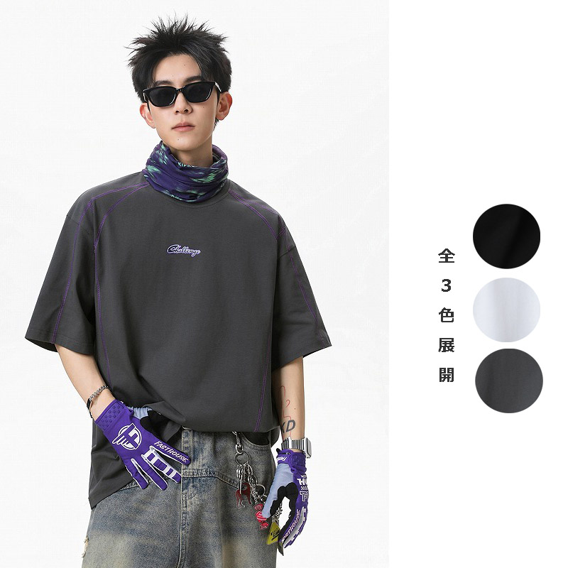 メンズ ステッチデザイン 半袖Tシャツ 夏 アメリカンロゴプリント ストリート カジュアルトップス★全3色