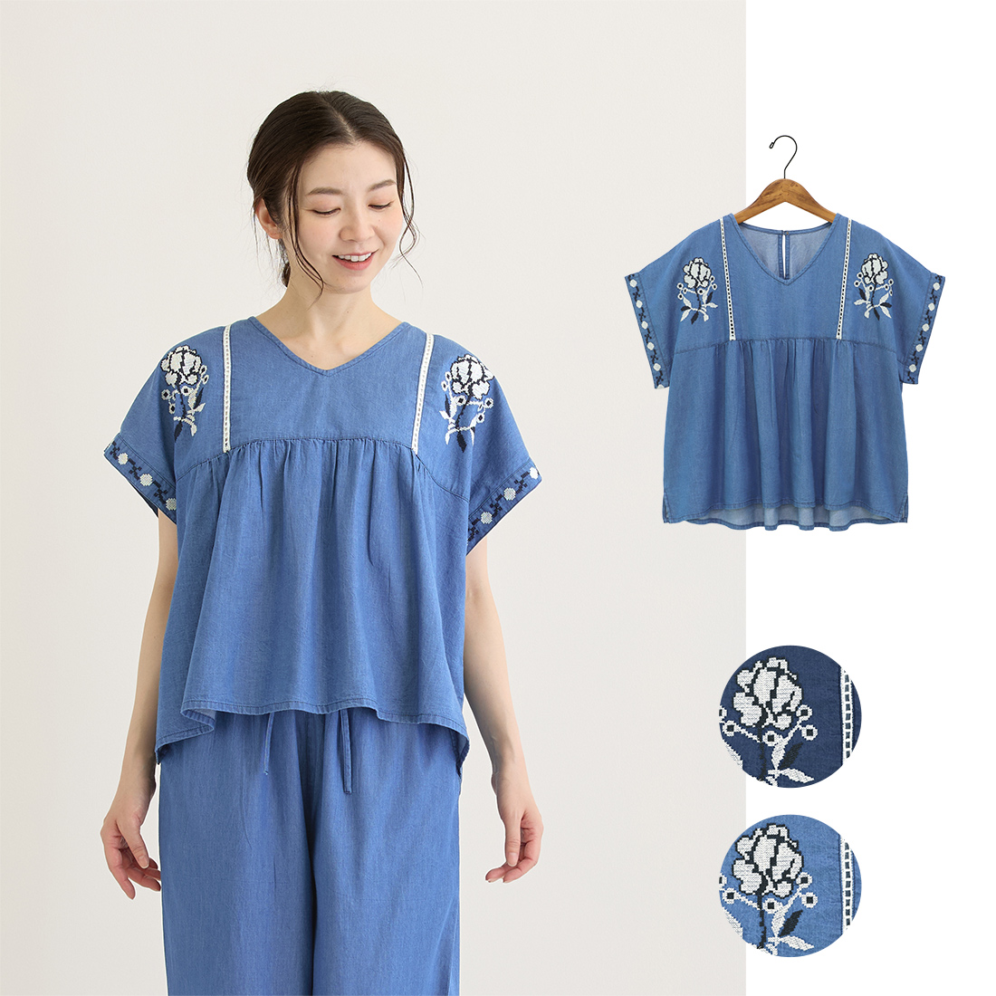 【Shanti Shanti】プルオーバー デニムエンブ[ブラウス半袖ジーンズ刺繍カジュアルアジアン春夏26SS]