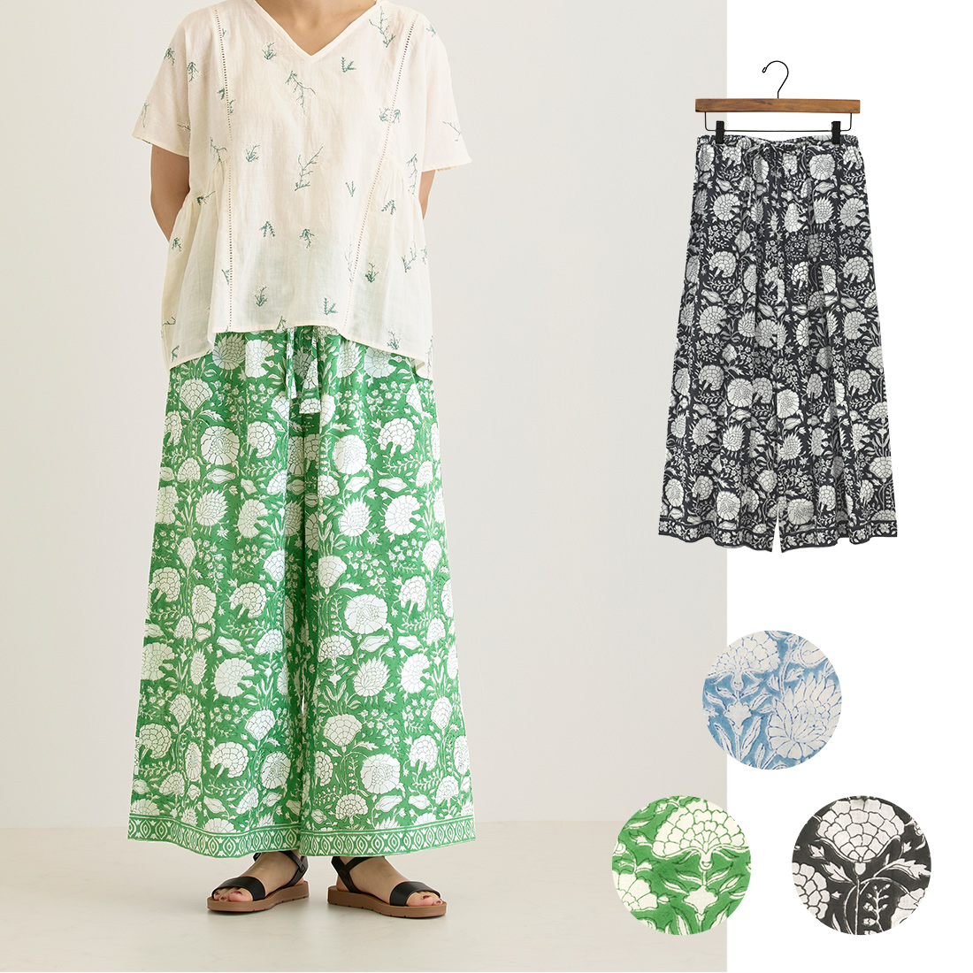 【Shanti Shanti】パンツ リコ[ゆったりボタニカル花柄フラワーブロックプリントインドアジアン春夏26SS]
