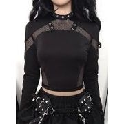 トップス Tシャツ 長袖 ブラウス  メッシュ 暗黒系 スリム