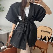ウエストリボン ゆったり 半袖デニムシャツ