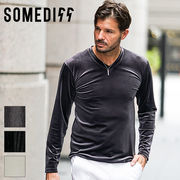 【ストライプベロアVネックT】SOMEDIFF メンズ ストライプ  艶感長袖 Tシャツ 新作 2026